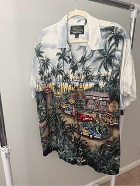 Hawaiian Reserve Collection  Shirt Aloha Surf Shop" and classic woody car beach
